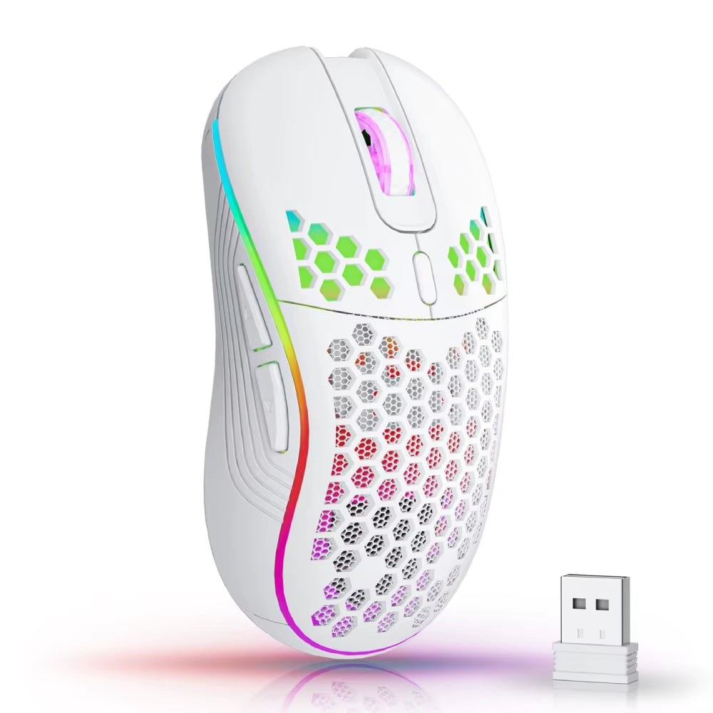 2.4GHz Wireless RGB Backlit Gaming Mouse with 6 Buttons, 3 Adjustable DPI Settings, Type-C Rechargeable, Ergonomic Honeycomb Design