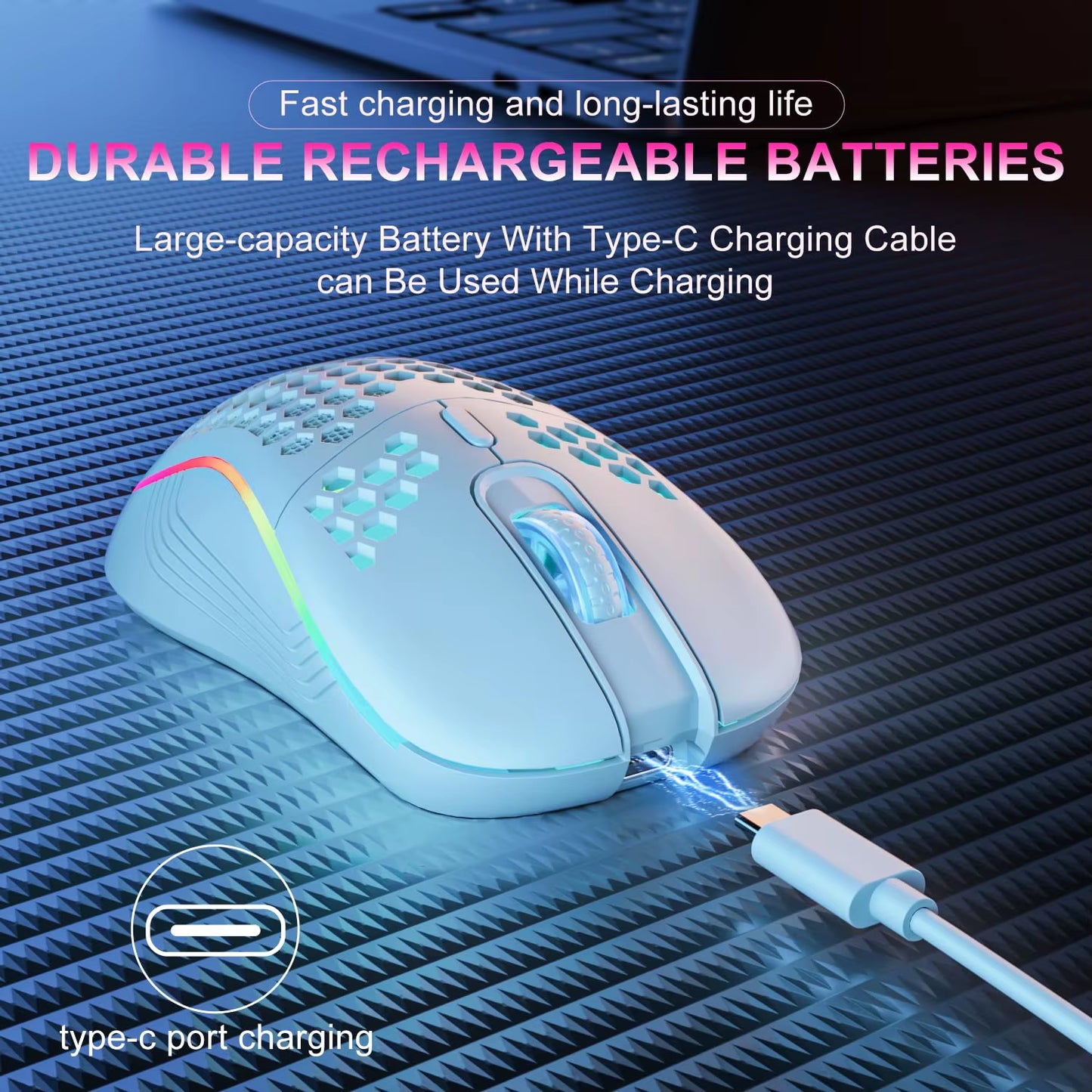 2.4GHz Wireless RGB Backlit Gaming Mouse with 6 Buttons, 3 Adjustable DPI Settings, Type-C Rechargeable, Ergonomic Honeycomb Design