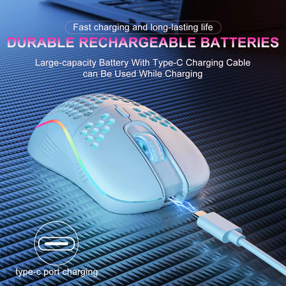 2.4GHz Wireless RGB Backlit Gaming Mouse with 6 Buttons, 3 Adjustable DPI Settings, Type-C Rechargeable, Ergonomic Honeycomb Design