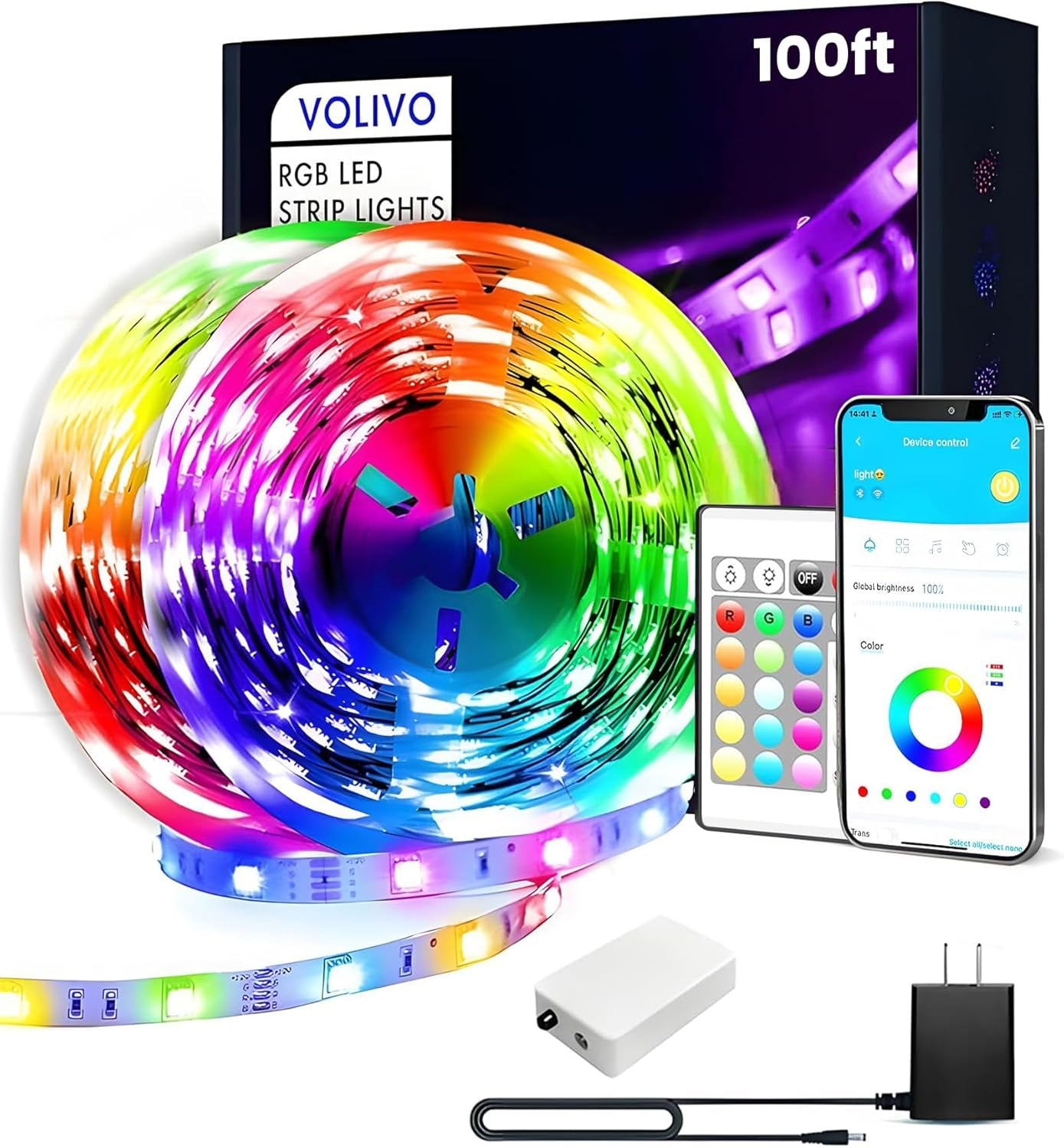 100FT RGB LED Strip Lights with Remote & App